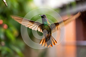 hummingbird practicing flying skills, hovering and darting around the yard