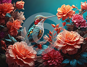 Hummingbird with red and blue flowers