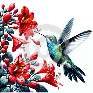 Hummingbird\'s Dance Among Red Blooms, AI generated