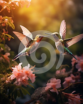 Hummingbird sitting on a branch of a blossoming sakura