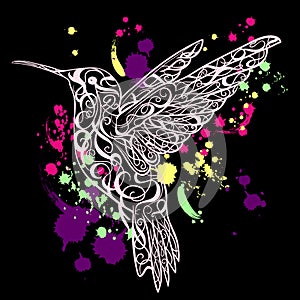 Hummingbird with splashes color. Tattoo or print art. Retro banner, invitation,card, scrap booking. t-shirt, bag, postcard, poster