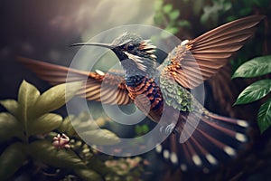 Hummingbird in the tropical forest. Wildlife closeup scene from nature
