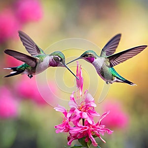 Hummingbirds flying next to beautiful pink flower.