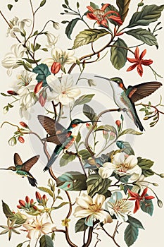 Hummingbirds, vintage floral botanical illustration Audubon style