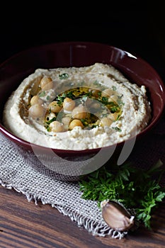 Hummus - chickpea traditional jewish and lebanese cuisine dish, flat lay, closeup