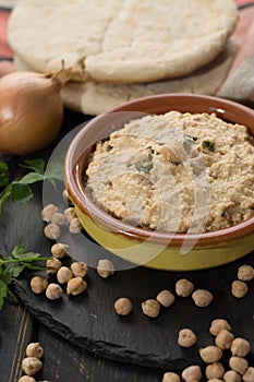Hummus, everyday meals in Israel made from chickpeas and ingredi