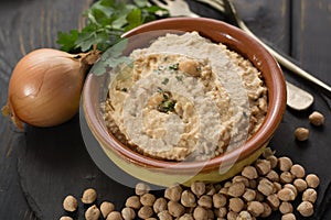 Hummus, everyday meals in Israel made from chickpeas and ingredi