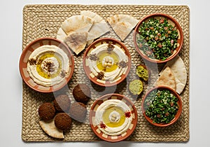 Hummus falafel tabbouleh platter photo