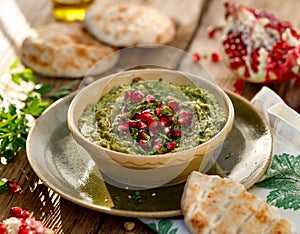 Hummus. Herbal hummus with the addition of pomegranate seeds, parsley, olive oil and aromatic spices in a ceramic pot on a wooden