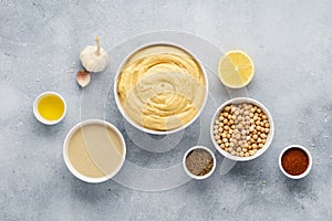 Hummus ingredients. Chickpea, tahini, olive oil, sesame, herbs