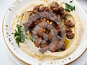 Hummus with lamb meat  Middle East Arabic food