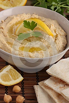 Hummus and pita bread - close-up