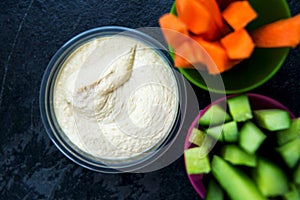 Hummus and Sticks of Carrots and Cucumber