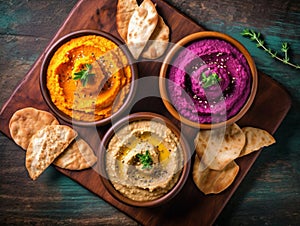 Hummus. Various hummus dips, red, yellow, white humus. Chickpea, pumpkin and beetroot hummus in bowls on wooden board with pita