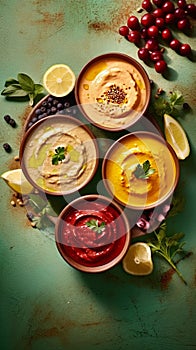 Hummus. Various hummus dips, red, yellow, white humus. Chickpea, pumpkin, carrot and beetroot hummus in bowls on light turquoise