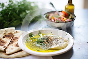 hummus with zaatar spice, olive oil, pita on stone counter