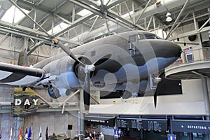 Large fighter plane hanging in entry of famous National WWII Museum, New Orleans, 2016