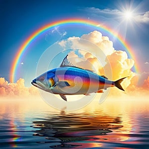 humongous fish floating in the sky, surrounded by clouds and rainbow, abstract, surreal, dreamlike, ai generated