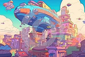 humongous spaceship floating above futuristic city with flying cars and hoverboards in the streets