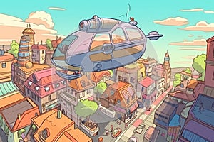 humongous spaceship floating above futuristic city with flying cars and hoverboards in the streets