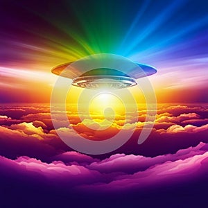 humongous spaceship floating in the sky, surrounded by clouds and rainbow lights, abstract, surreal, dreamlike