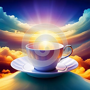 humongous teacup and sauser floating in the sky, surrounded by clouds and rainbows, abstract, surreal, dreamlike