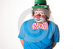 Holidays. Funny fat clown. White background.