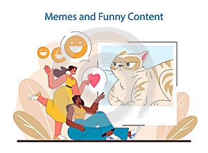 Humor in Social Media concept. Users enjoying and sharing light-hearted meme content