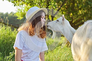 Humor, white home farm goat kissing teenager girl