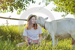 Humor, white home farm goat kissing teenager girl