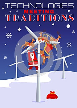 Humoristic Christmas postcard. Santa Claus with his deers got lost in the windmill.