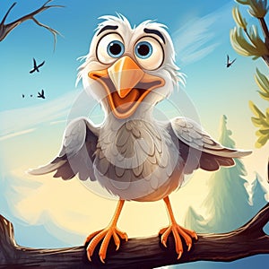 Humorous Caricature Illustration Of Crazy Seagull On Branch