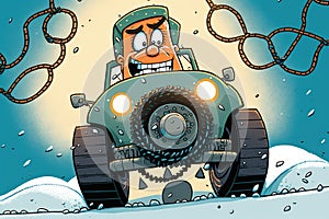 humorous cartoon character driving car through snowy wonderland, with tire chains fitted for extra traction