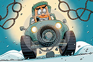 humorous cartoon character driving car through snowy wonderland, with tire chains fitted for extra traction