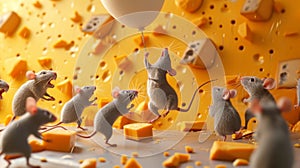 In this humorous cartoon scene a group of mice use a balloon filled with cheesescented helium to lift themselves up and