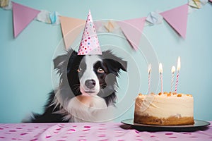 A humorous celebration: border collie dog in a birthday hat with cake and candles