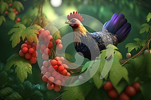 Cheeky chicken hiding in a bush full of delicious berries