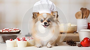Humorous chihuahua dog baking a pie in an apron on a white kitchen background with copy space