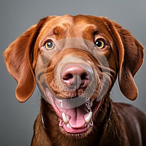 Humorous close-up portrait of an adorable dog with an incredibly amusing expression