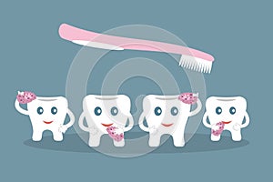 Humorous concept brushing teeth. Cute cartoon style teeth wash with purple sponges and pink toothbrush on blue background