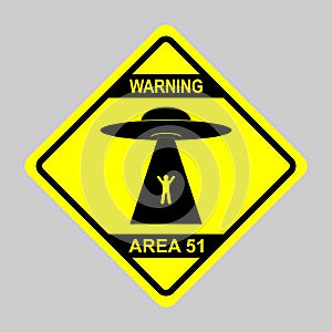 Humorous danger road signs for UFO, aliens abduction theme, vector illustration. Yellow road sign with text Warning Area 51.