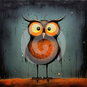 Humorous Dark Orange Owl Art Piece With Spooky Look