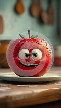 Humorous depiction of a red apple with eyes on a plate