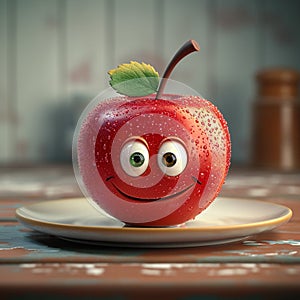 Humorous depiction of a red apple with eyes on a plate