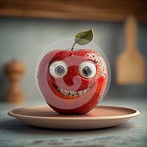 Humorous depiction of a red apple with eyes on a plate