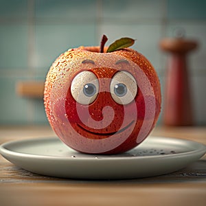 Humorous depiction of a red apple with eyes on a plate