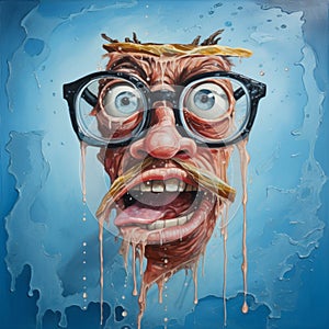 Humorous Distortions: Acrylic Painting Of A Face With Glasses