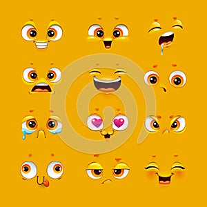 Humorous emoji set. Cute emoticon face collection. Funny cartoon comic faces.
