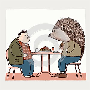 A Humorous Encounter: Man And Hedgehog Share A Meal At The Table