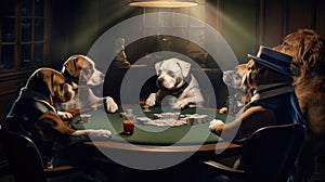 Humorous illiustration of dogs playing poker around a circular table